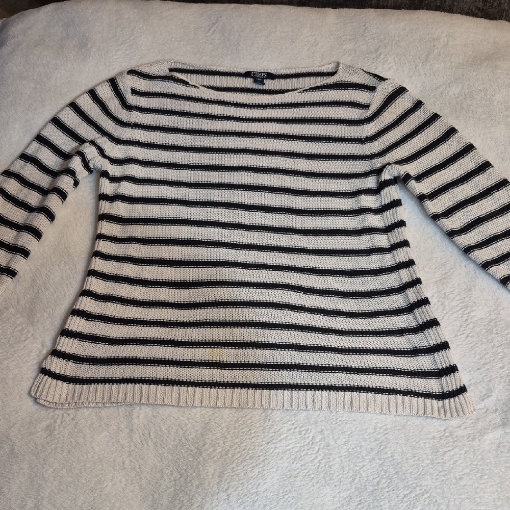 Chaps Cream and Black Striped Boatneck Sweater Sz. L